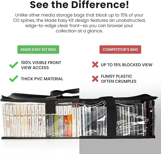 Made Easy Kit CLEAR VIEW Media Storage Bag for CDs, & Video Game Cases- Protect your Collection & Preserve the Quality of your Cases - Stackable, Space-Saving, Fits 50 (Black CD, 6-Pack)