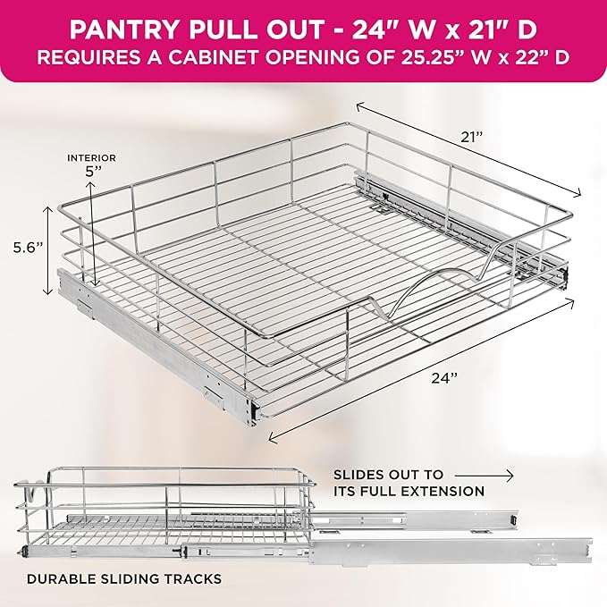 HOLDN’ STORAGE Pull Out Cabinet Organizer, Slide Out Drawer for Kitchen Cabinets & Pantry, Roll Out Shelf for Pots, Pans & Under Sink Storage, Heavy-Duty Full-Extension, 24" W x 21" D x 5" H