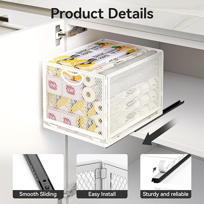 Pull Out Cabinet Organizer, No Drill Adhesive Sliding Drawers for Kitchen, Metal Mesh Wire Storage Shelf for Pantry & Under Sink, White (9.6" W x 11.8" D x 8.4" H)