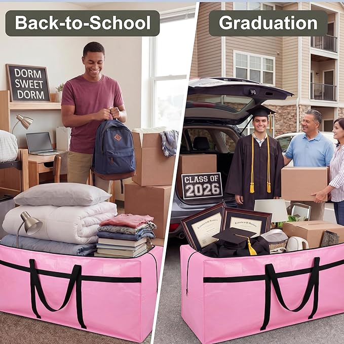 Windyun 4 Pack 75 Gallon Extra Large Moving Bags XXL Heavy Duty Storage Bag with Strong Zipper Handle Jumbo Big Tote Box Foldable for College Dorm Travel Clothes Duffle Blanket Pillow(Pink)