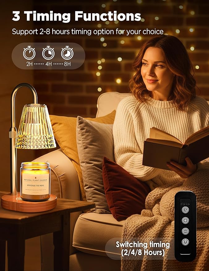 TATAANTY Candle Warmer Lamp with Timer, Wood Base Home Decor Candle Warmers, 4 Lights and 3 Timers. Table Lamp Birthday Gift for Women, Suitable for Room, Bedroom, Offices, and Living Rooms