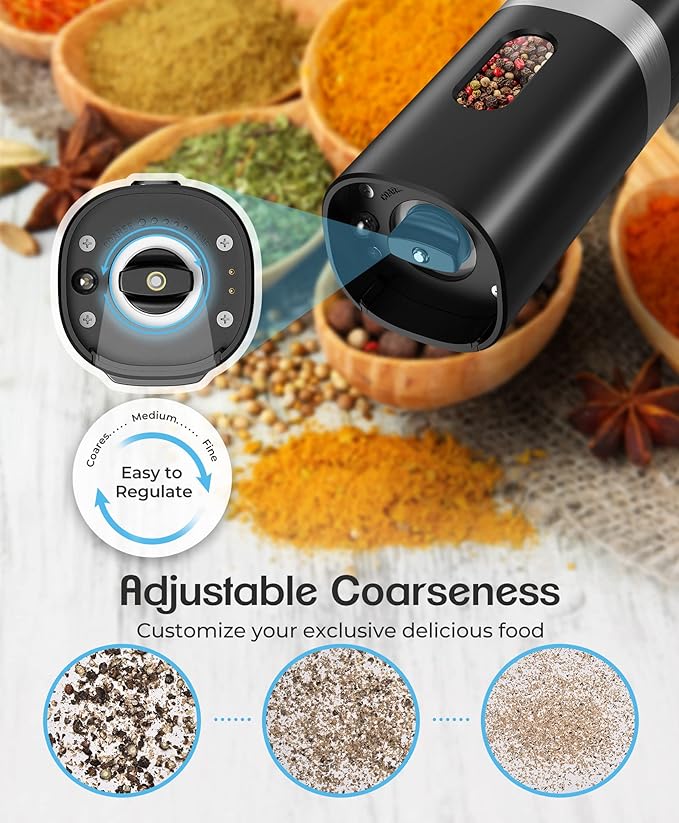 Electric Salt and Pepper Grinder Set, New Rechargeable Salt and Pepper Mill with Charging Base, Adjustable Coarseness Shakers with LED Light, One Hand Operation for Kitchen Appliances Gifts for Women