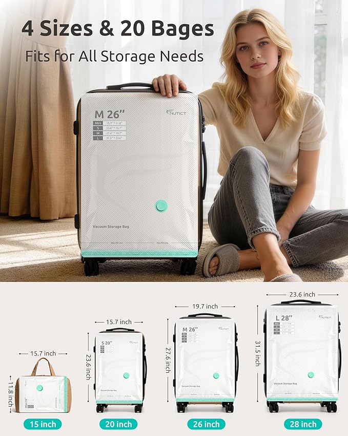 NUTICT 20-Pack Travel Vacuum Storage Bags, Rechargeable Electric Pump, Space Saver Compression Packing Bags for Luggage & Suitcase, Long-Term Reusable Seal Bag for Clothes, Bedding, Seasonal Storage