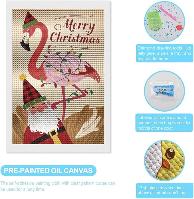 AIVKIEJK Diamond Painting Kits for Adults - Festive Flamingo Christmas Santa Hat Painting DIY 5D Full Drill Diamond Dots Paintings with Diamonds Gem Art and Crafts Home Decor 8"x12"