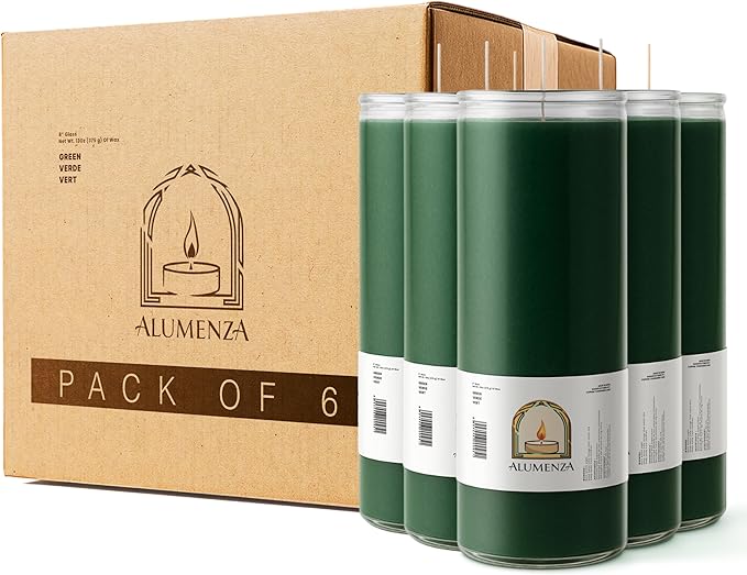 Bulk 6 Pack Green 7 Day Candles in Glass Jar – Paraffin Wax, Clean Burning Unscented | Large & Tall Devotional Prayer Pillar Candles for Home, Memoria, Spells, Long Lasting