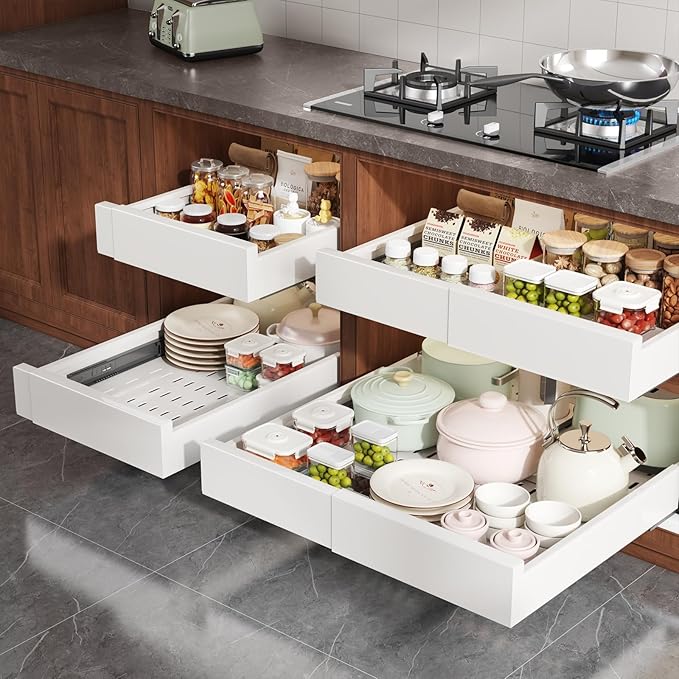 2 Pack Pull Out Cabinet Organizer Expandable Width(13"-21") and Depth(17"-24"), Slide Out Drawers With Raising Pad for Framed Cabinets, No Drill Roll Out Shelves for kitchen, Bathroom, White