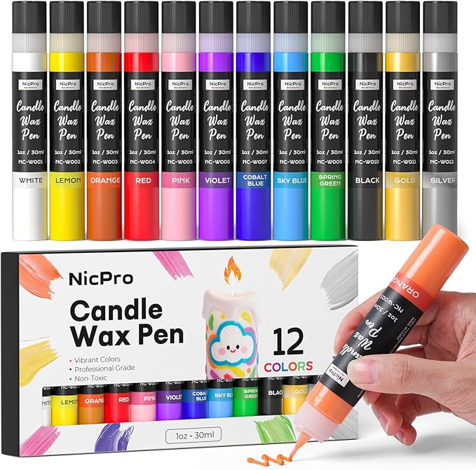 Nicpro Candle Wax Pen, 12 Colors 3D Candle Paint Include Glitter Silver Gold, Non-Toxic Candle Making & Painting Kit, Vibrant Colors Wax Paint for Crafts DIY Birthday Holidays Wedding Party 1-oz(30ml)