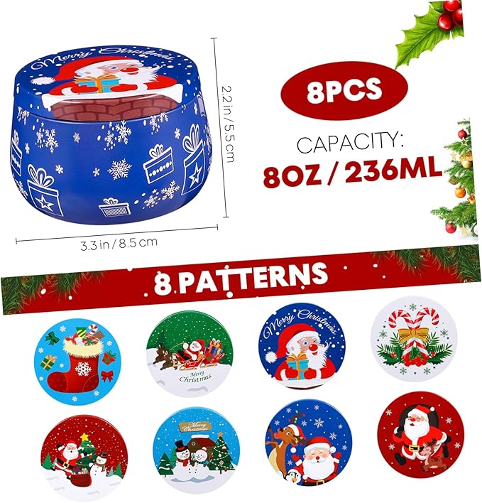 Christmas Cookie Tins for Gift Giving, 8PCS Christmas Tins Can with Lids, Holiday Cookie Containers Candle Jars with 8PCS Tags for Candy Spices Tea DIY Baking Candles Party Favors Storage