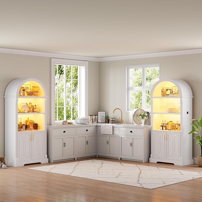 Vlsrka 71" Tall Arched Kitchen Pantry Cabinets, Wood Kitchen Storage Cabinets/Arched Bookshelf/Bookcase,China Cabinet with Open & Adjustable Shelves, Induction LED Light (White 2 PCS)