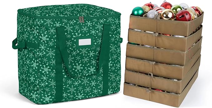Covermates Keepsakes Adjustable Ornament Storage Bag – Heavy-Duty Polyester, Padded Dividers & FlexGrid Trays – Protective Holiday Ornament Organizer with Handles & Label Window, Green Snowflake