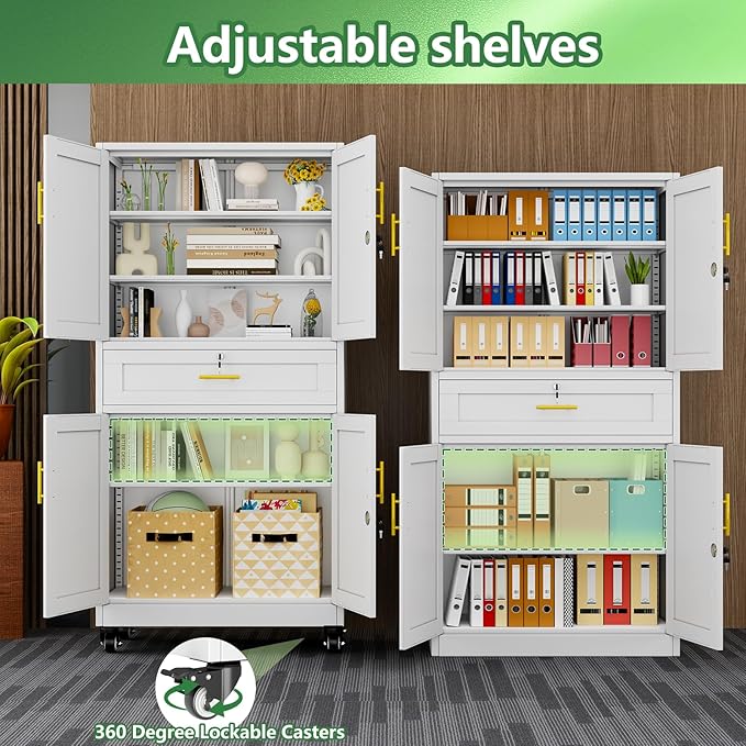 Metal Storage Cabinet with Wheels, 71" Tall Locking Storage Cabinet with 3 Adjustable Shelves, Locking Garage Cabinet, Steel Locker Organizer, for Office, Home, School, White