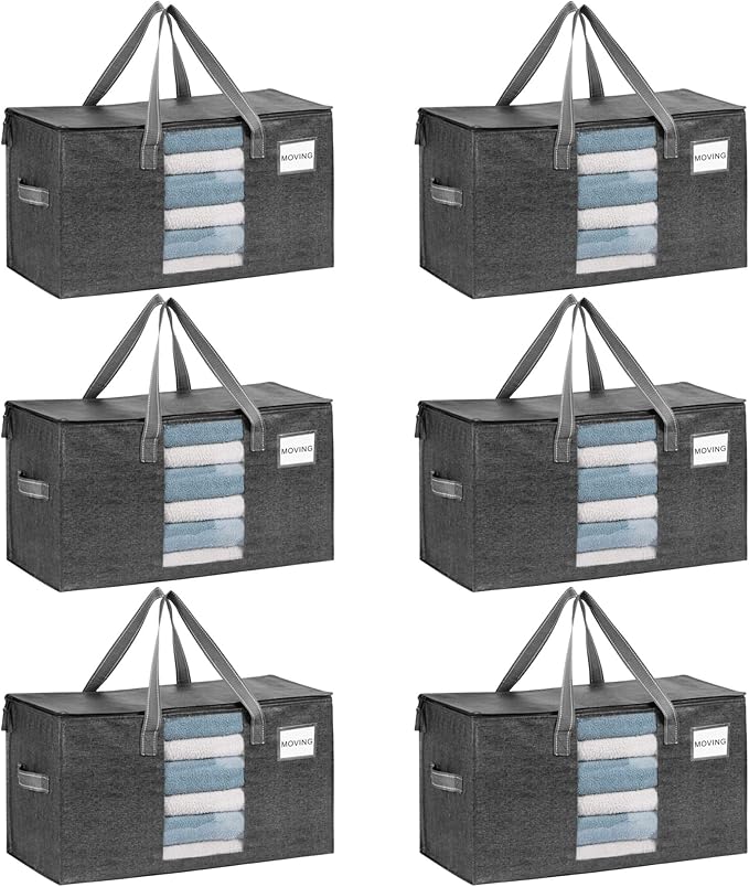 VENO 6 Pack Heavy Duty Moving Bags, Clothes and Comforter Storage Bags with Clear Window, College Dorm Essentials Packing Supplies, Foldable Boxes Alternative (Gray, 6 Pack)