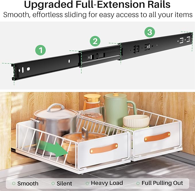 Pull out Cabinet Organizer,Heavy Duty Slide out Pantry Shelves Drawer Storage with Adhesive Nano Film,Sliding Mesh Cabinet Basket with Handle for Kitchen, Bathroom, Home, 13.8"W X 21"D X 6.2"H,White