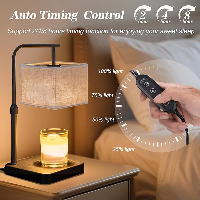 MOAFINA Candle Warmer Lamp with Timer & Dimmable, Height Adjustable Wax Warmer with Linen Shade & 2 Extra Bulbs, Flameless Candle Melter for Jar Candles, Gifts & Bedroom Decor