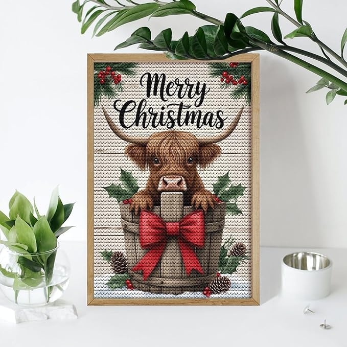 AIVKIEJK Diamond Painting Kits for Adults - Highland Cow Merry Christmas Painting DIY 5D Full Drill Diamond Dots Paintings with Diamonds Gem Art and Crafts Home Decor 8"x12"
