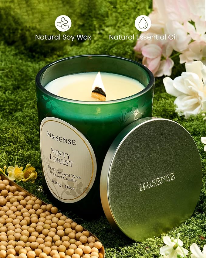 M&SENSE Eucalyptus Pine Soy Candle, Cracking Wooden Wick 18oz 100 Hours Slow Burning Non Toxic, Winter Aromatherapy Candle for Home Fragrance Relaxation, Housewarming Gifts for Men & Women
