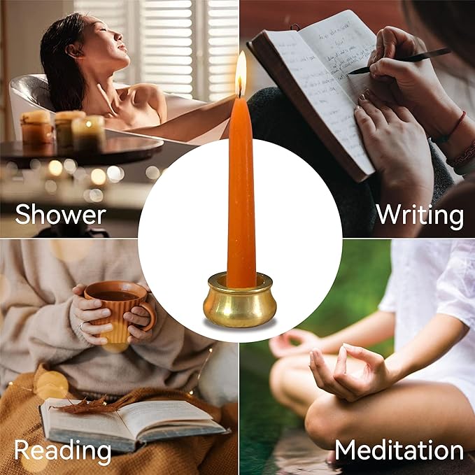 Mini Taper Candle Meditation Candles,Pumpkin 20 Minute Prayer Candlestick Dripless Beeswax Candles with Brass Candle Holder for Yoga & Spiritual Rituals,30-ORABRO