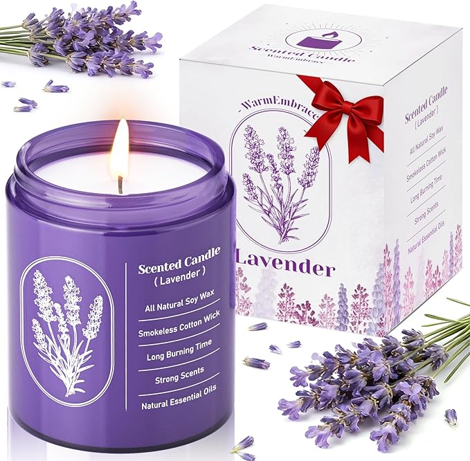 WarmEmbrace Lavender Scented Candles for Women, 7.5 oz Highly -Scented Soy Candle for Home Scented, Birthday Valentines Gifts for Mom & Girlfriend, Housewarming Gift