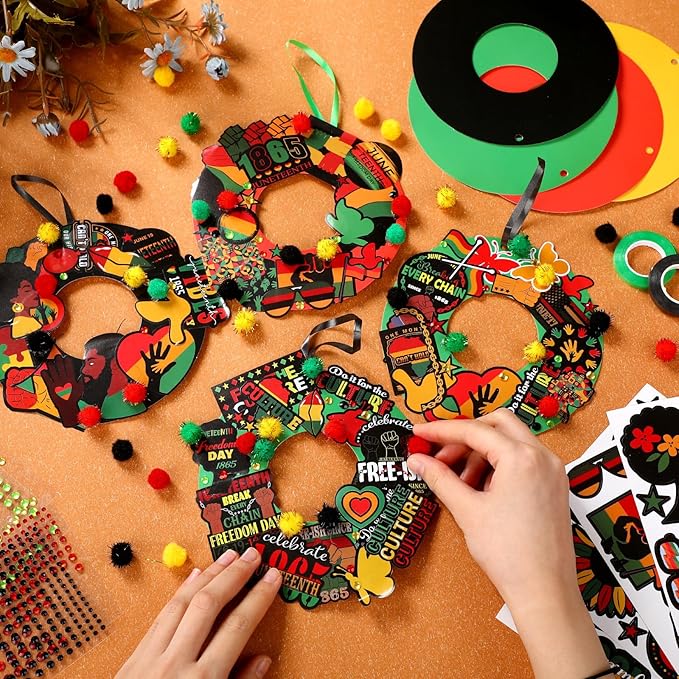 Hollowfly 48 Sets Juneteenth Wreath Craft Kits DIY Juneteenth Wreath Hanging Ornaments African American Paper Arts Craft with Stickers Gifts for June 19th Freedom Independence Day Party Activities