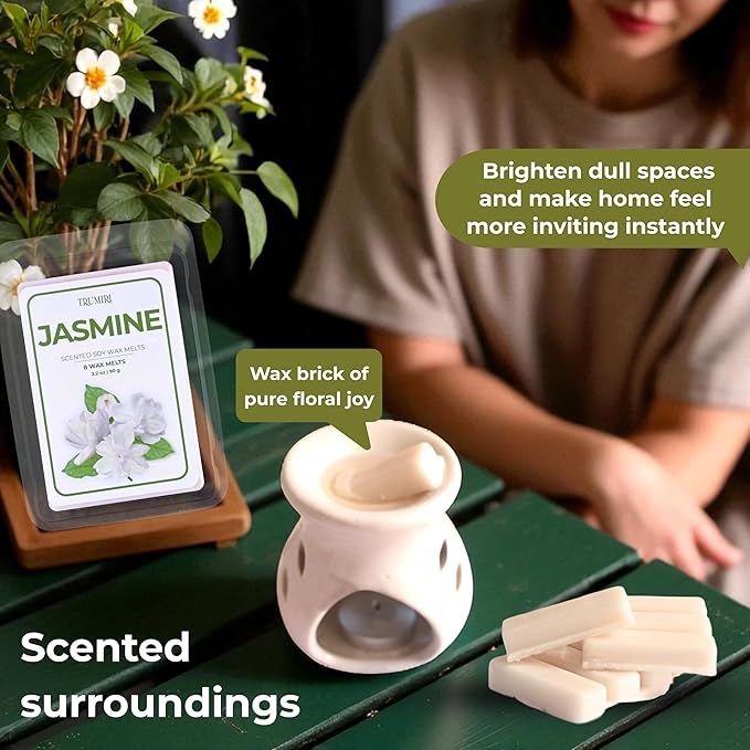 TRUMIRI Jasmine Scented Wax Melts - Made with Non Toxic Soy Wax and Essential Oils - Bulk Pack of 4 Total 32 Wax Melts - Long Lasting Strong Scent Pet Safe Floral Candle Wax Cubes Tarts for Warmers
