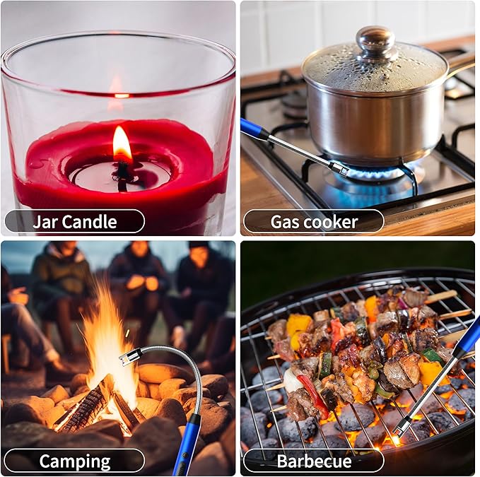 2-Pack Rechargeable Electric Candle Lighters, Flameless Windproof Long Lighter with 360° Flexible Neck and LED Display for Candles, Camping, BBQ & Fireplace (Blue)