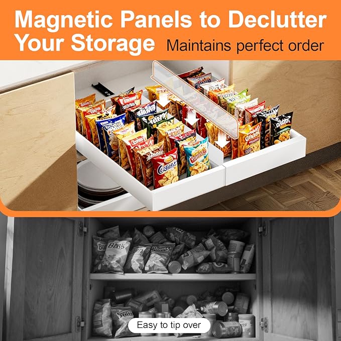 1 Pack Pull out Cabinet Organizer Expandable Width(12"-20") and 21"Depth, No Drill Adjustable Slide Out Drawers for Kitchen, Cabinets With 3 Slide Rails,Magnetic Panel, Adhesive Roll out Shelves