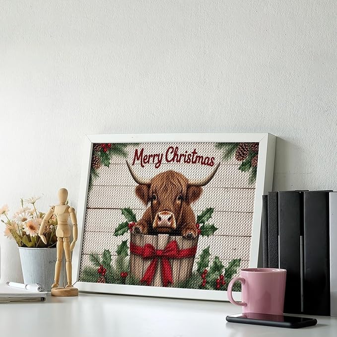 AIVKIEJK Diamond Painting Kits for Adults - Highland Cow Merry Christmas Painting DIY 5D Full Drill Diamond Dots Paintings with Diamonds Gem Art and Crafts Home Decor 12"x16"
