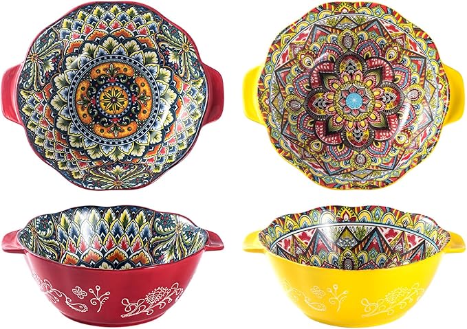 Henten Home Bohemia Large Bowls with Handle, 49 oz Ceramic Soup Bowl Set of 2, Porcelain Pho Bowl, Floral Noodle Bowls Set for Kitchen, Ramen, Udon, Microwave & Dishwasher Safe