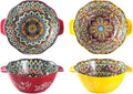 Henten Home Bohemia Large Bowls with Handle, 49 oz Ceramic Soup Bowl Set of 2, Porcelain Pho Bowl, Floral Noodle Bowls Set for Kitchen, Ramen, Udon, Microwave & Dishwasher Safe