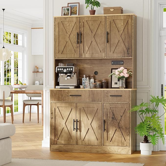 Vongrasig Farmhouse Pantry Cabinet with Charging Station, Tall Kitchen Pantry with Microwave Stand, Storage Drawers & Shelves, Large Kitchen Hutch for Living Room, Dining Room, Rustic Brown