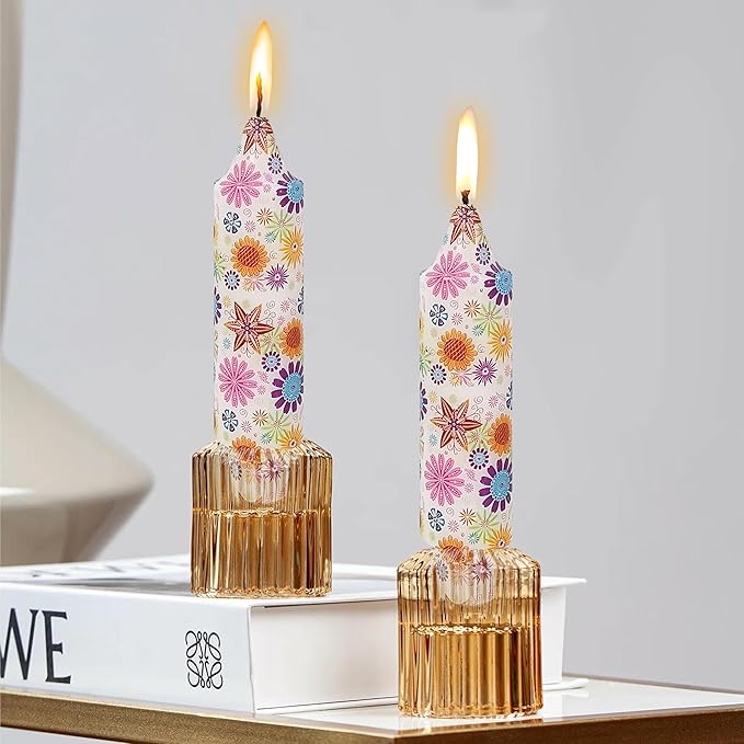 5 inch Short Candle Floral Candle Sticks Printed Candlestick Handmade Unscented Taper Candle 4 Pack Flower Tapered Candles for Home Dinner Wedding Holiday