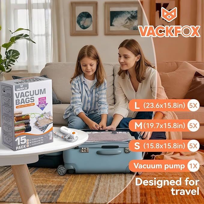 Vacuum Bags for Travel with USB & TYPE C Pump, Vacuum Seal Travel Bags, 15 Pack Carry-On Vacuum Storage Bags for Luggage & Suitcase, Space Saver for Clothes & Travel(Grey)