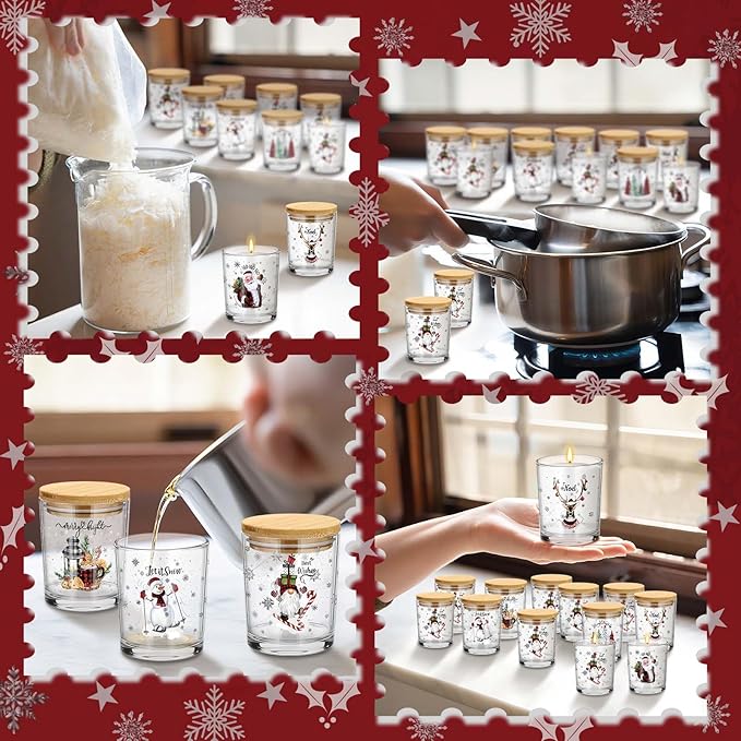 Ziliny 12 Pack 7 oz Christmas Glass Candle Jar with Wood Lids Xmas Classical Thick Empty Jars for Making Candles Small Holiday Container Bulk for Gifts Making DIY Party Supplies Accessories