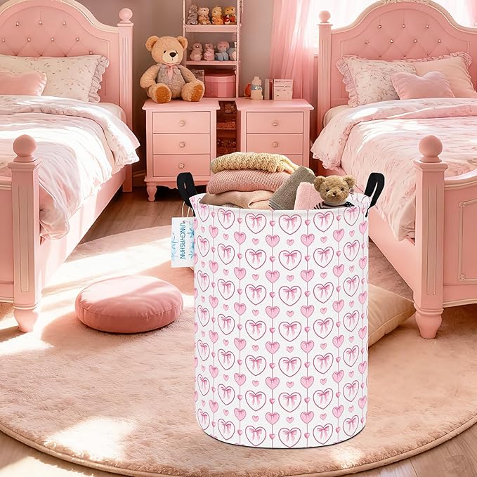 LANGYASHAN Laundry Basket Canvas Fabric Collapsible Organizer Basket for Storage Bin Toy Bins Gift Baskets Bedroom Clothes Children Nursery Hamper (Pearl Heart)