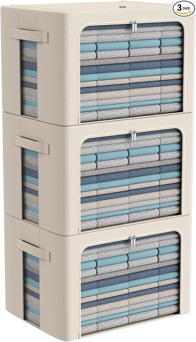 CYhom 3Pack Frame Storage Box - Clothes Storage Bin Bags Oxford Fabric Foldable Stackable Container Organizer Set with Clear Window & Carry Handles Large Capacity (Beige, Large-66L)
