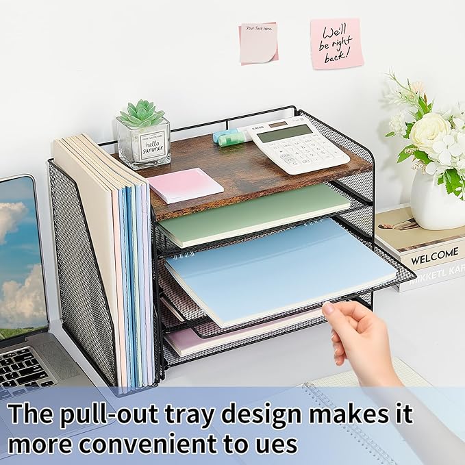 OPNICE Desk Organizer, 5-Tier Paper Organizer Letter Tray with Magazine Holder, Office Desk Accessories & Workspace Organizers, Desktop File Organizer for Office Supplies Storage, Wood