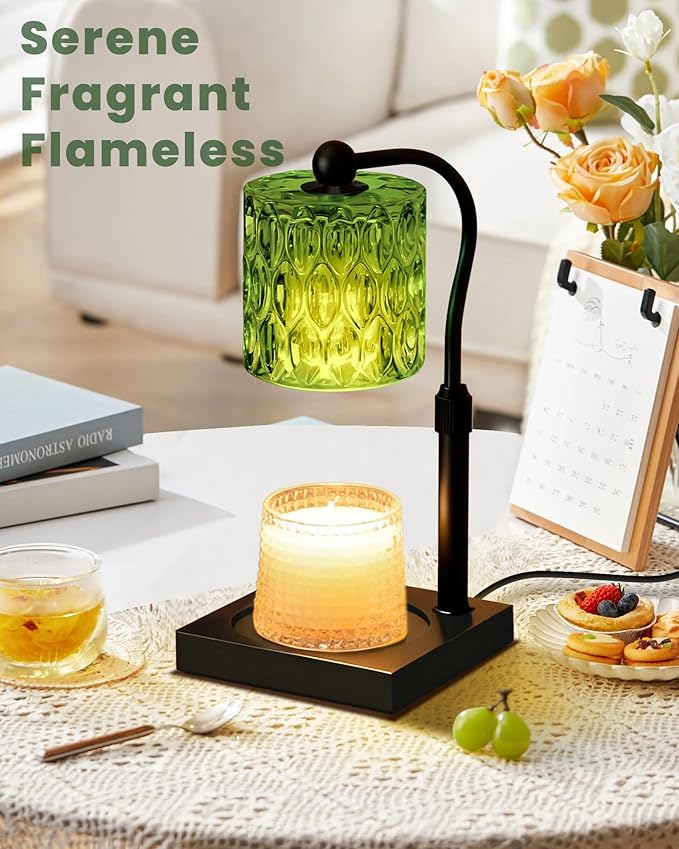 Candle Warmer Lamp Adjustable Height with Timer Dimmer, Dimmable Glass Wax Melt Warmer Light for Scented Jar, Present for Women Candle Lovers Christmas House Warming Home Decor Brithday, Green