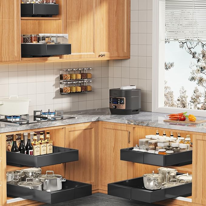 4 Pack Expandable (9"-14") Pull Out Cabinet Organizer 21" Deep With Raising Pad for Framed Cabinets,Upgrade 3 Slide Rails Slide Out Drawers,No Drill Roll Out Shelves Adhesive,Black