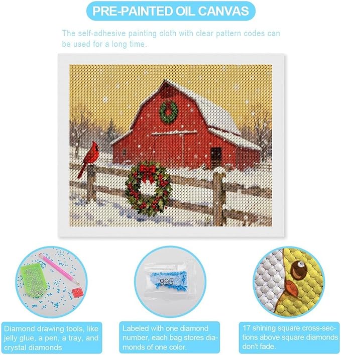 AIVKIEJK Diamond Painting Kits for Adults - Christmas Winter Cardinal, Red Barn Scene Painting DIY 5D Full Drill Diamond Dots Paintings with Diamonds Gem Art and Crafts Home Decor 16"x20"