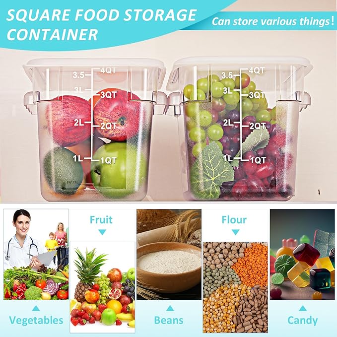 Yungyan 12 Pcs 4 Qt Commercial Food Storage Containers with Lids Restaurant Square Airtight Food Storage Containers Clear Cereal Container for Kitchen Freezer Dishwasher Pantry (White Lid)