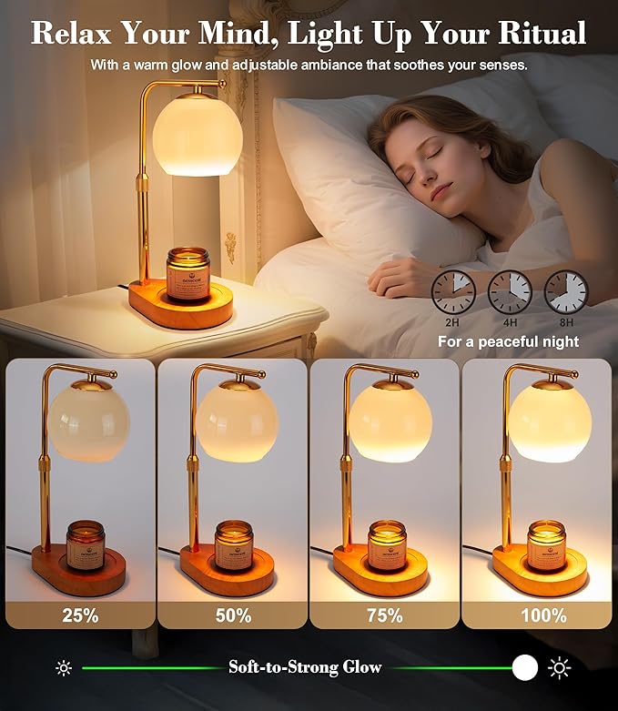Ivory Glass Candle Warmer Lamp Adjustable Height Dimmer 2 4 8 Hour Timer Dark Wood Base Wax Melter Includes Scented Candle and 2 Bulbs for Cozy Bedroom Living Room Home Decor