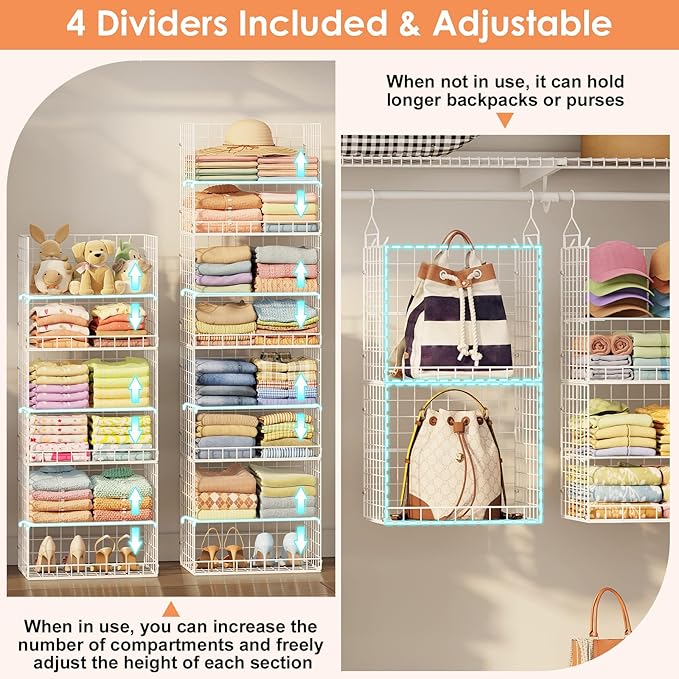 8 Tier Extended Width Hanging Closet Organizer, Sweater Storage for Closet Organizer System, Stackable Wire Basket Bins for Clothes Purse Shoes, Hanging Shelves with 4 Hooks & 4 Dividers Adjustable