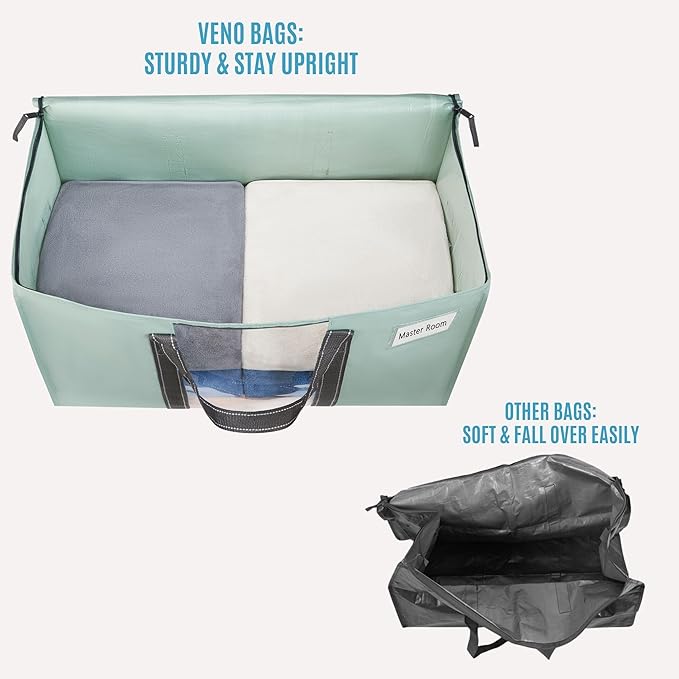 VENO 10 Pack Moving Bags with Clear Window, Heavy Duty Storage Bins with Lid, Around Handles, Tag, Zippers, Extra Large Totes Packing Moving Boxes Supplies for College Dorm Clothes (Light Green)
