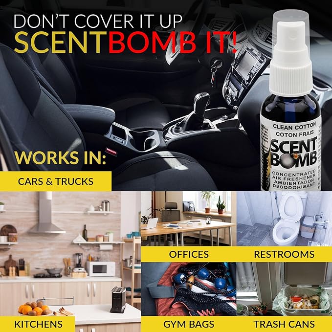 Scent Bomb Air Freshener Spray, Long-Lasting Odor Eliminator - Effective Deodorizer for Home & Car, Fresh Room Spray for Kitchen, Bathroom & Smell Neutralizer - 1 oz Pack of 4, Clean Cotton Scent