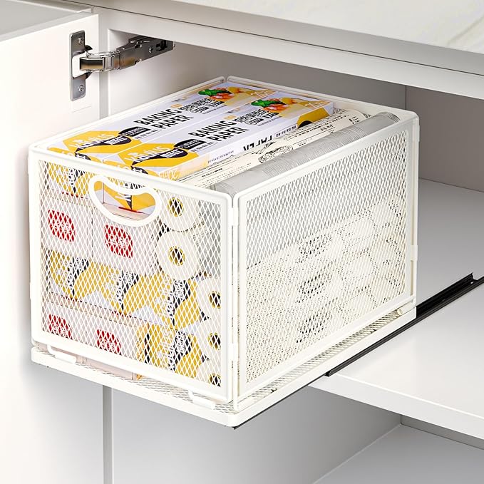 Pull Out Cabinet Organizer, No Drill Adhesive Sliding Drawers for Kitchen, Metal Mesh Wire Storage Shelf for Pantry & Under Sink, White (9.6" W x 11.8" D x 8.4" H)