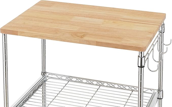 Finnhomy 3-Tier Rolling Kitchen Cart, Microwave Cart with Oak Wood Tabletop and Drawer Slider, Coffee Cart & Food Service Cart with Hooks, Chrome