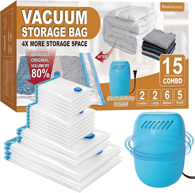 Space Saver Vacuum Storage Bags Combo - 15 Bags (2Jumbo/2Large/6Medium/5Small) with Electric Pump, Ideal for Clothes, Comforters, Blankets & Bedding