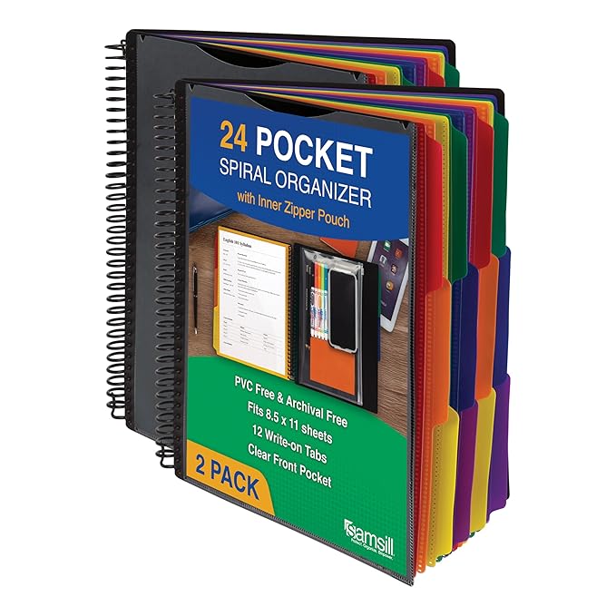Samsill Spiral Folder Organizer (2-Pack) - 12 Dividers & 24 Pockets with Zipper Pouch, Multi Pocket Color Cordinated Folder Binder with Customizable Tabs, Document Organizer (Basic)