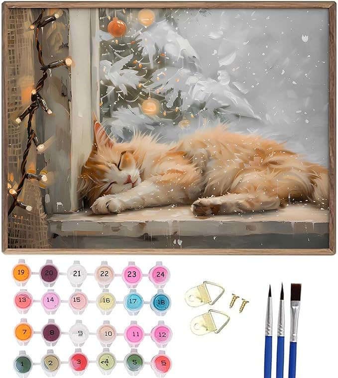 Paint by Number Kit for Adults & Kids, Christmas Sleeping Cat by Window 16x20 Inch, DIY Acrylic Painting Kit with Brushes & Paints, Holiday Art Decor for Home Unframed