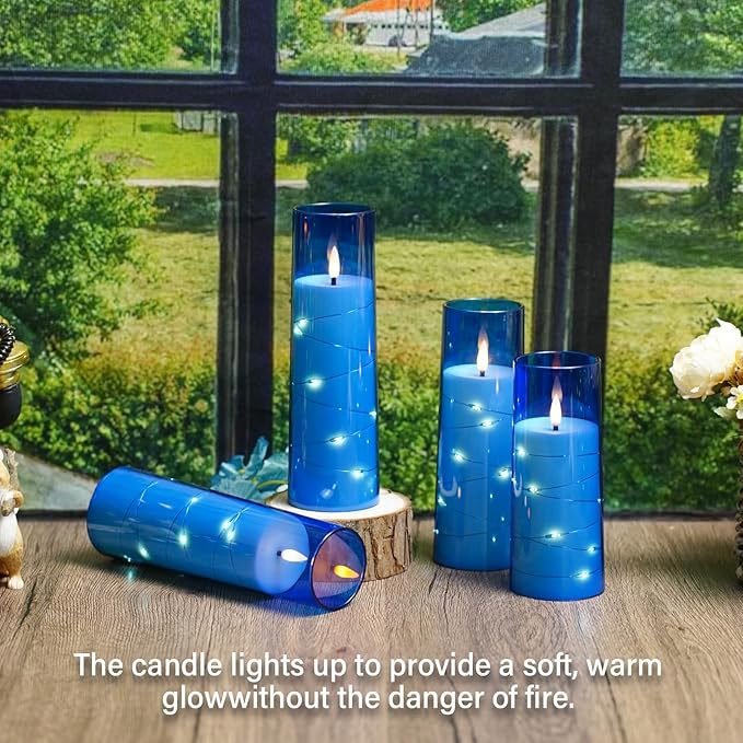 Sasigeiaa Flameless Candles with Embedded Star String - Battery Operated LED Candles, with Remote,12 Blue Flickering Candles for Christmas, Weddings, Home Decor & Party,(D 2.3"×H 5" 6" 7")